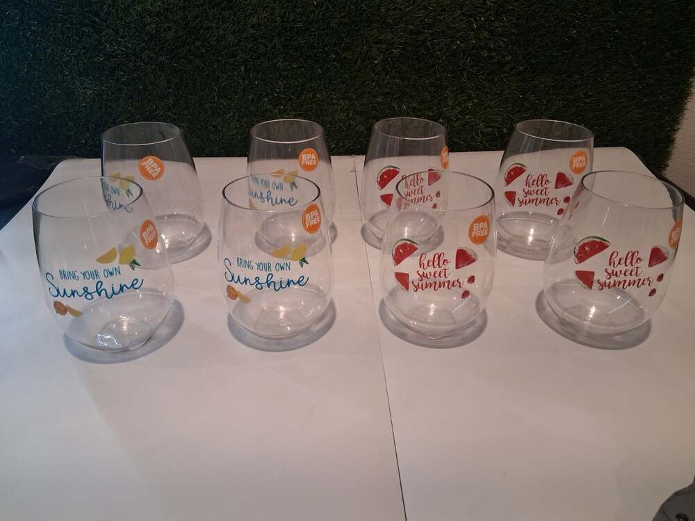Lot of 8 Stemless Acrylic Plastic Wine Glasses Tumblers Summer Watermelon Lemon